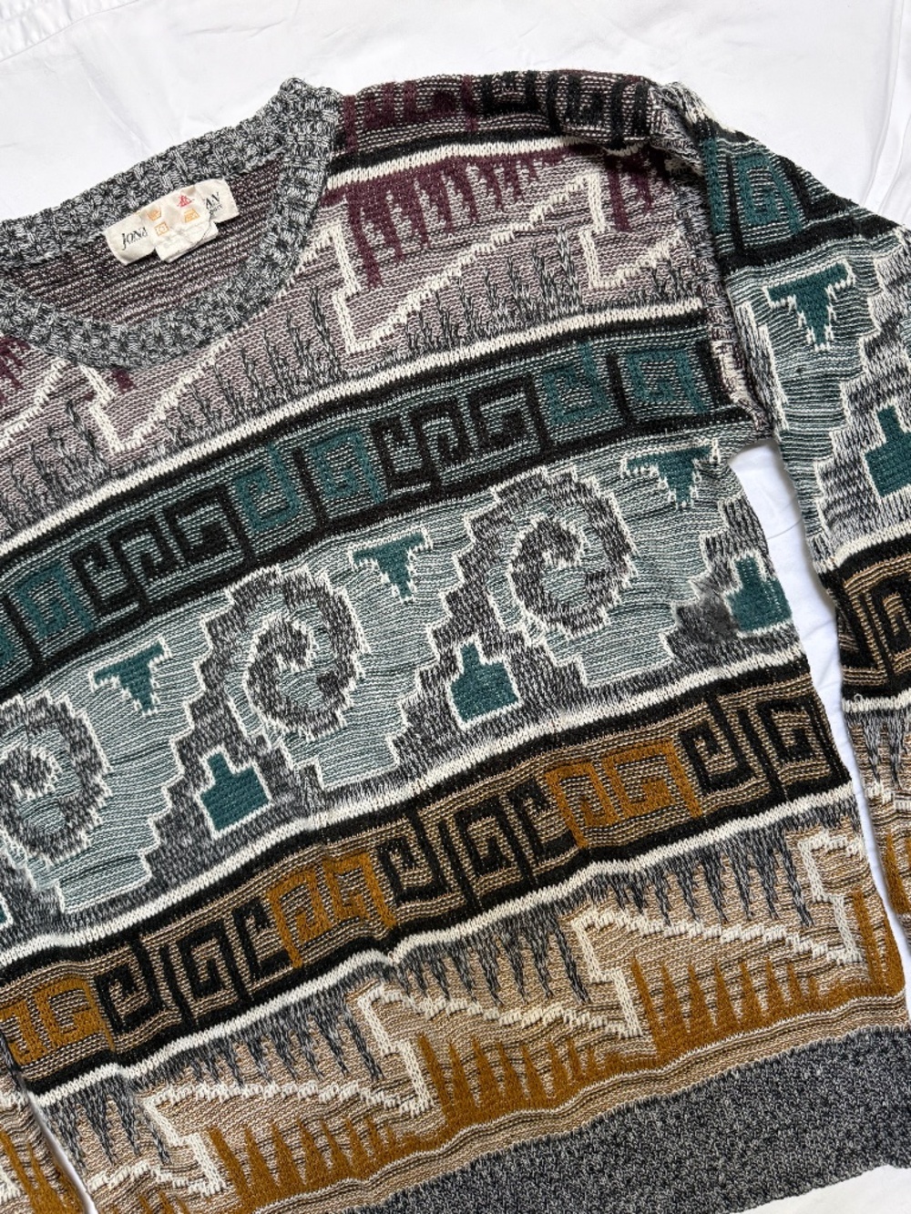 VINTAGE 80s 90s Coogi style knit crewneck sweater in geometric aztec pattern